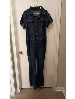 Dark Blue Denim Short-Sleeve Jumpsuit